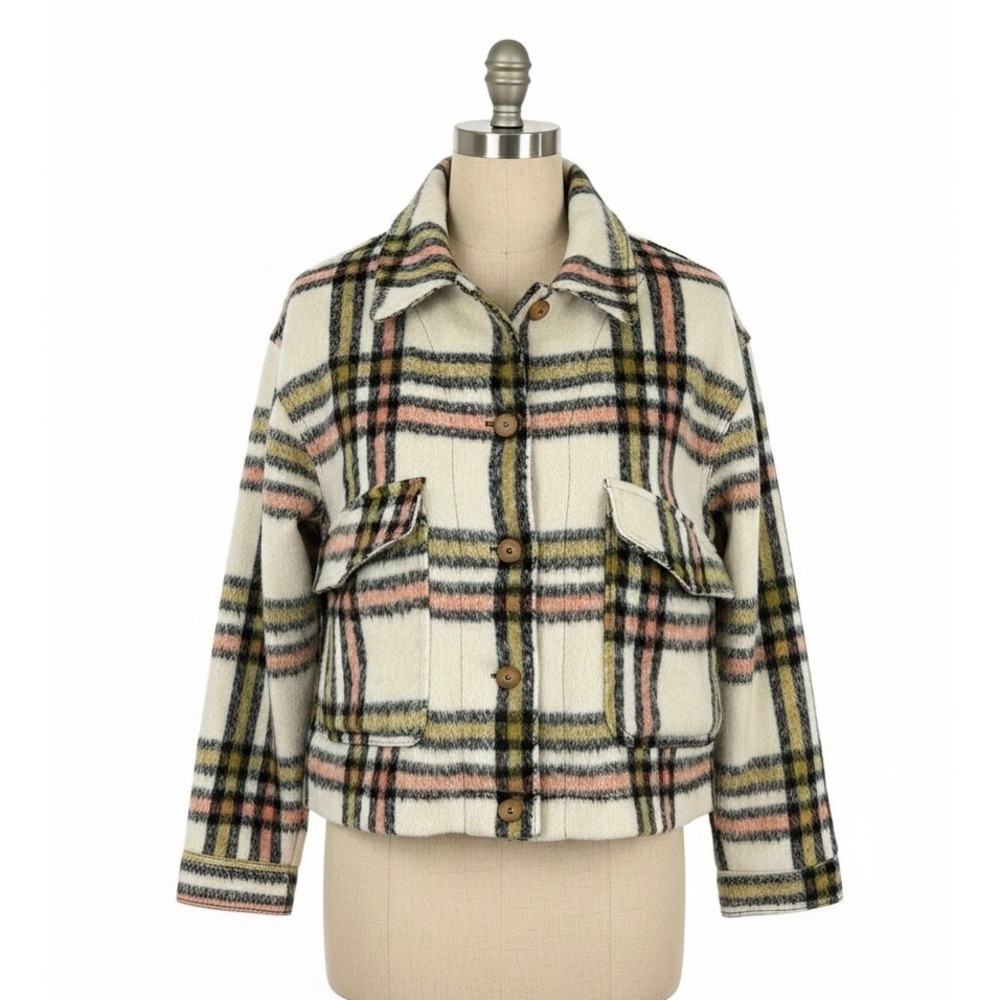 Bagatelle Collection Plaid Button Up Shacket Jacket Cream Pink Medium